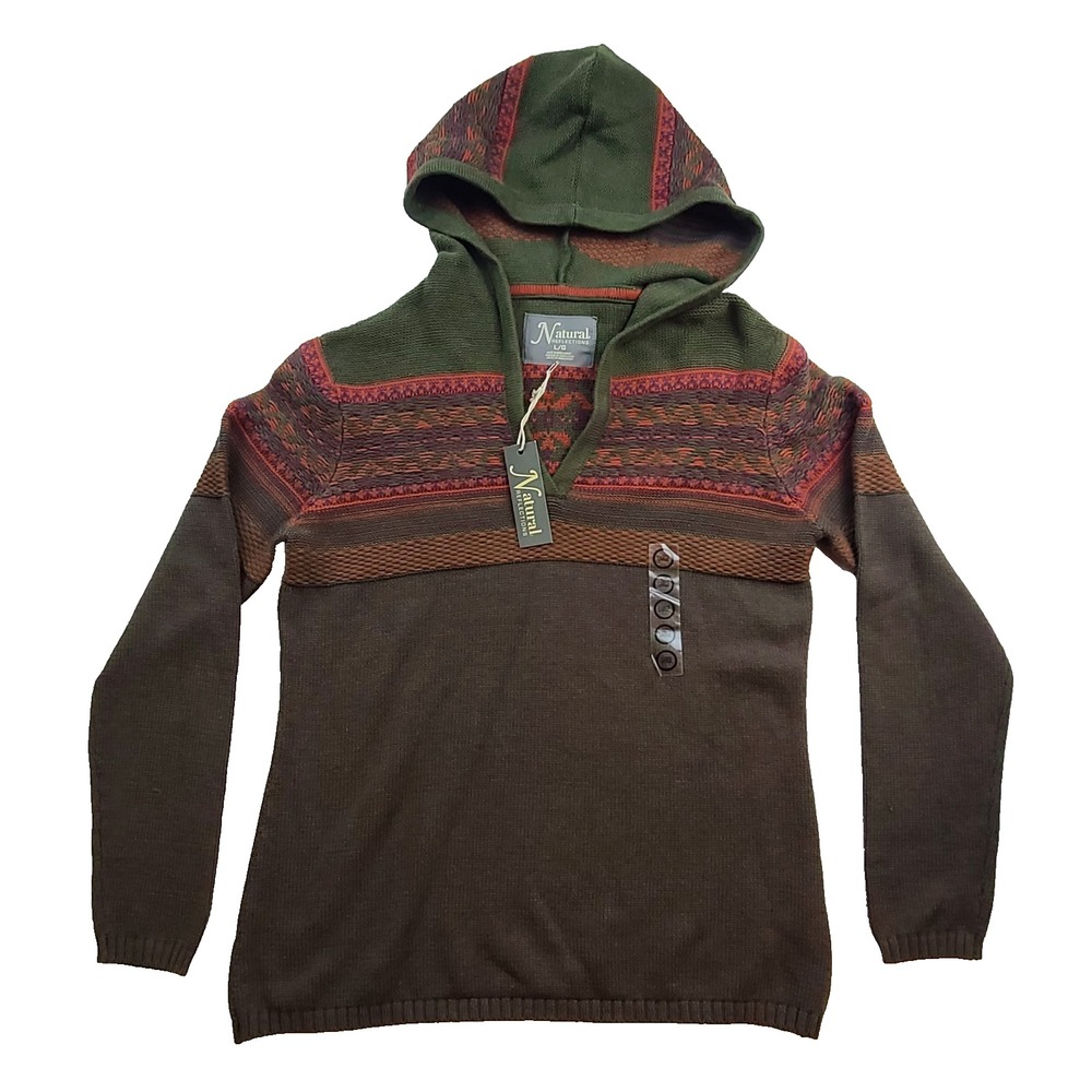 Natural Reflections NWT Women's Large Aztec Hooded Sweater Brown Green Fair Isle